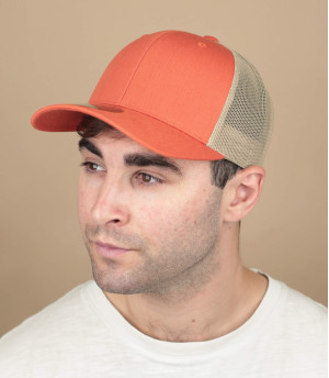 Gorra trucker naranja y beige